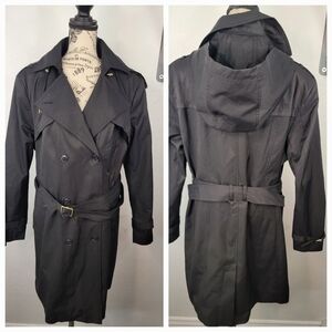 Cole Haan XL Hooded Trench Coat Belted Double Breasted Black